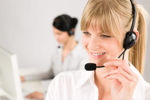 Customer service team woman call center smiling operator phone headset