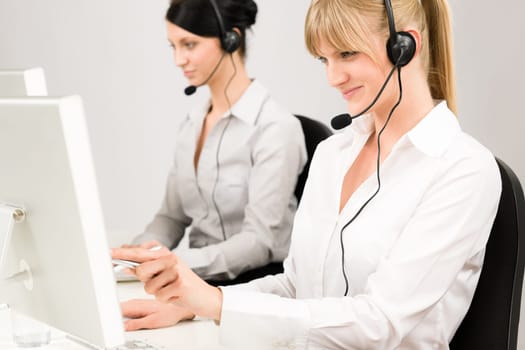 Customer service team woman call center smiling operator phone headset