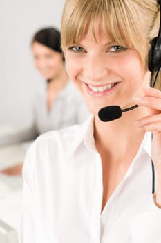 Customer service team woman call center smiling operator phone headset