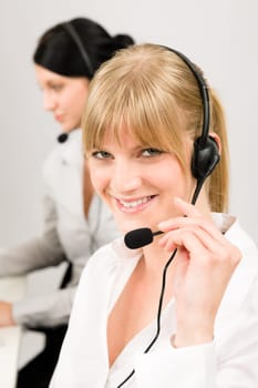 Customer service team woman call center smiling operator phone headset