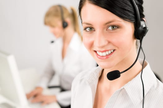 Customer service team woman call center smiling operator phone headset
