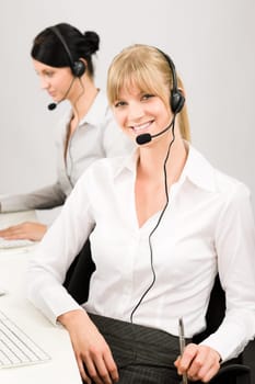 Customer service team woman call center smiling operator phone headset