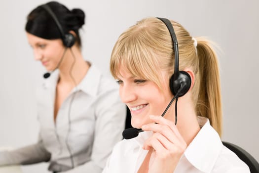 Customer service team woman call center smiling operator phone headset