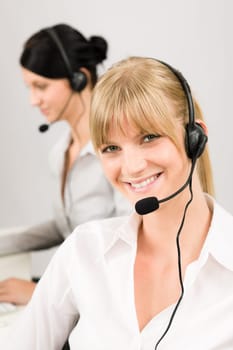 Customer service team woman call center smiling operator phone headset