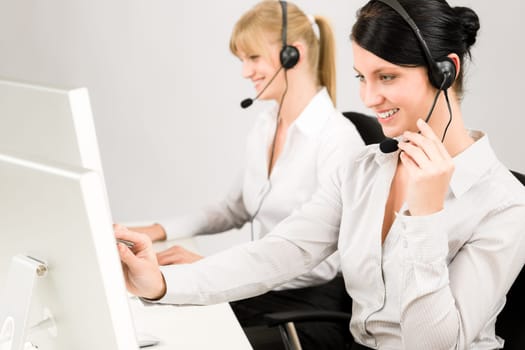Customer service team woman call center smiling operator phone headset