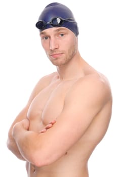 Studio shot of a young swimmer against a white background