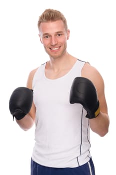 Studio shot of a boxer against a white background