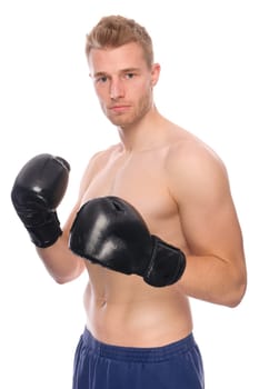 Studio shot of a boxer against a white background