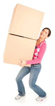 A woman is painfully carrying boxes.