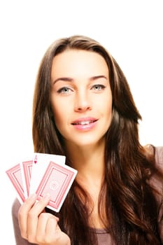 Brunette beautiful woman with poker cards on white background