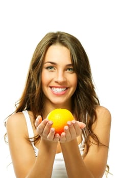 Young woman holding orange on white background