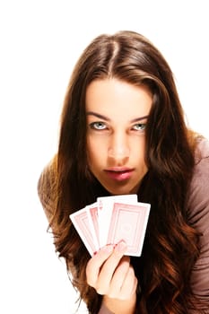 Beautiful woman playing poker on white background