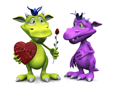 A cute friendly cartoon monster holding a rose in one hand and a heart shaped box of chocolate in the other. He is giving the rose to a girl monster. White background.