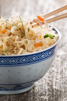 prawn flavor asian soup with noodles close up shoot