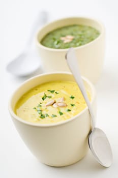 Fresh orange pumpkin soup close up shoot