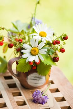 Bouquet from a camomile and wild strawberry