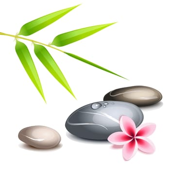 Zen theme with bamboo and colored pebbles over white
