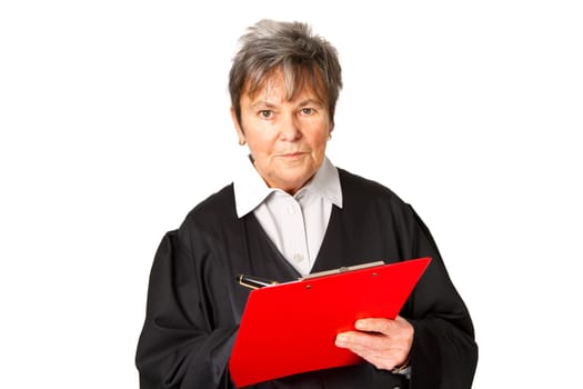 Female lawyer with paper holder isolated on white background