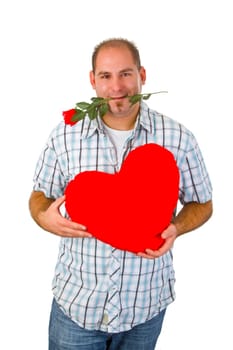 Young man with cloth heart and rose in mouth isolated on white background