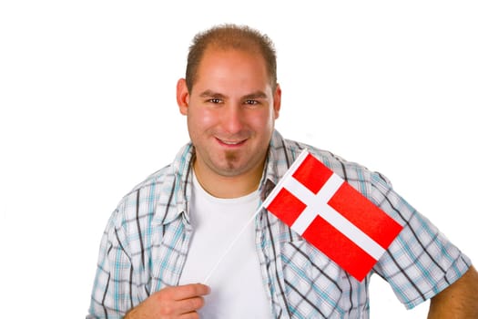 Young man with Danish national flag isolated on white background