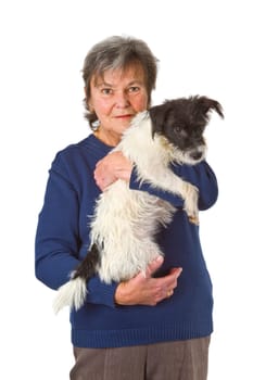 Senior woman with dog - isolated on white background