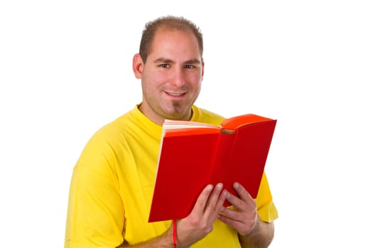 Young man with book isolated on white background