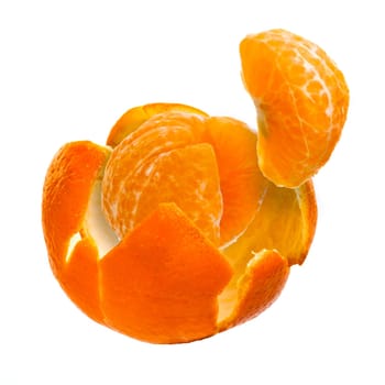 Lovely fresh juicy peeled tangerine with segments lose inside the peel, isolated on white