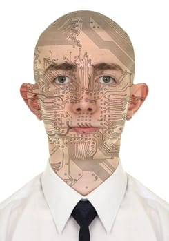 Person with a circuit computer skin on white background