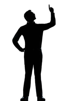 one caucasian business man poiting up happy  silhouette standing Full length in studio isolated on white background