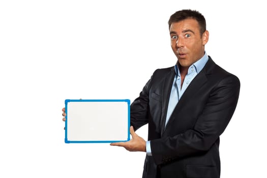 one caucasian business man holding showing whiteboard in studio isolated on white background