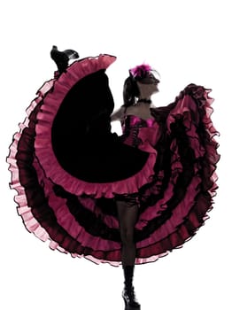 woman dancer dancing french cancan in studio isolated on white background