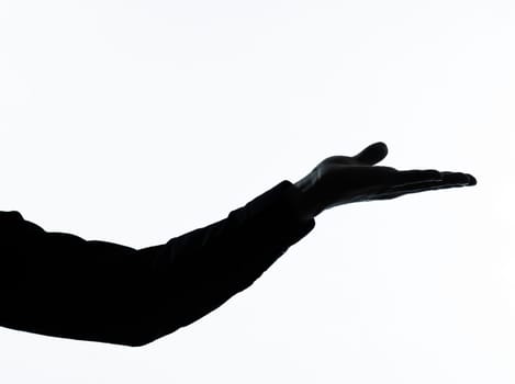 one caucasian  man empty hand open portrait silhouette in studio isolated on white background