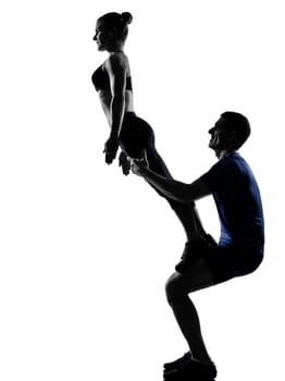 couple woman man exercising workout fitness aerobics posture in silhouette studio isolated on white background