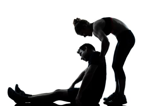one couple man woman exercising workout aerobic fitness posture full length silhouette on studio isolated on white background