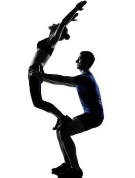 couple woman man exercising workout fitness aerobics posture in silhouette studio isolated on white background
