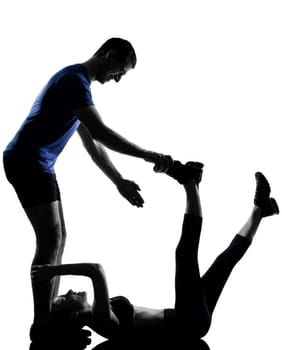 couple woman man exercising workout fitness aerobics posture in silhouette studio isolated on white background
