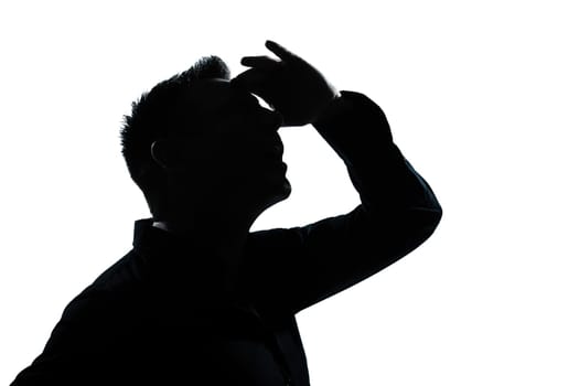 one caucasian man portrait looking up forward gesture mouth open silhouette in studio isolated white background