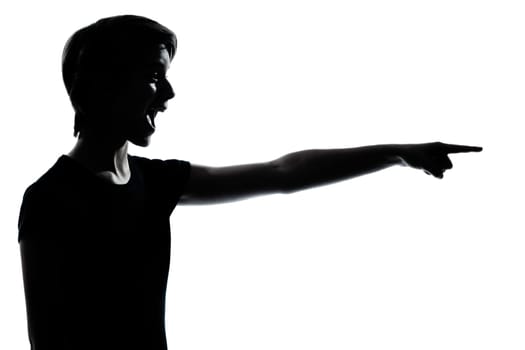one caucasian young teenager silhouette boy or girl pointing laughing  portrait in studio cut out isolated on white background
