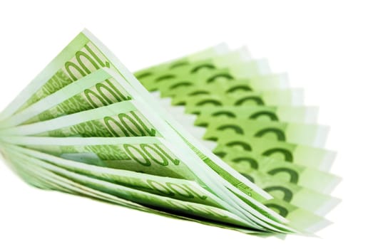 Arrangement of Hundred Euro bills on white,forming a curved fan