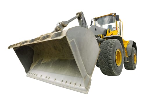 Dusty shovel excavator isolated on white background