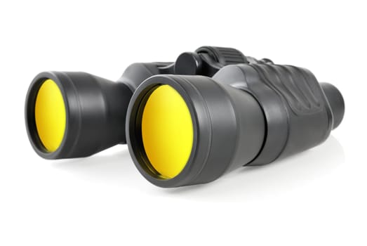 Studio shot of modern binoculars with yellow lenses on white background