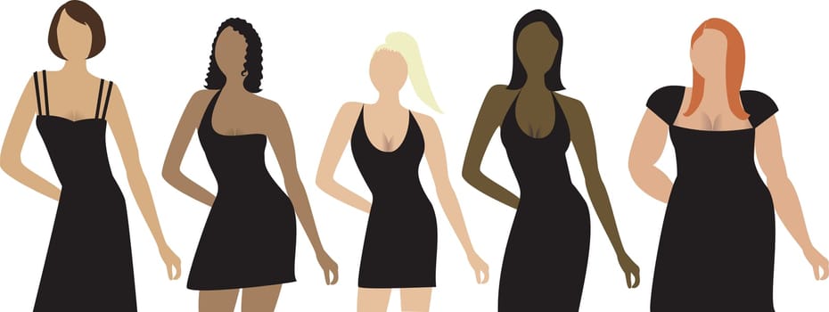 Five women of different shapes, sizes and ethnicities with black dress. Can be used for a party invitation, diversity or sizing.