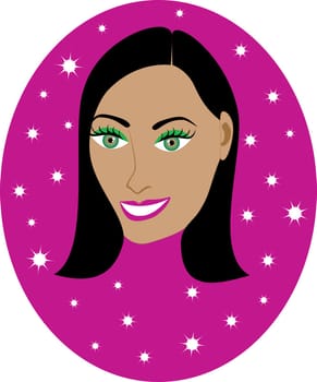 Vector pretty Dark haired girl with Hot Pink background. Great for personalization, see many other faces with different looks.