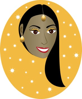 Vector pretty Indian girl with orange/gold background. Great for personalization, see many other faces with different looks.