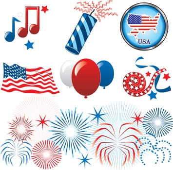 Vector Illustration for the 4th of July Independence. Set of Icons and Buttons.