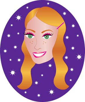 Vector pretty red haired girl with orange/gold background. Great for personalization, see many other faces with different looks.