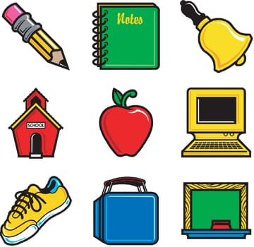 Nine fun school icons. Very easy to edit. Vector Illustration.