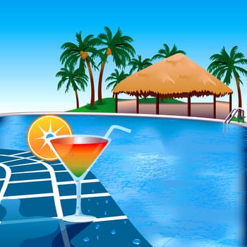 Vector Illustration of poolside resort with cocktail drink.