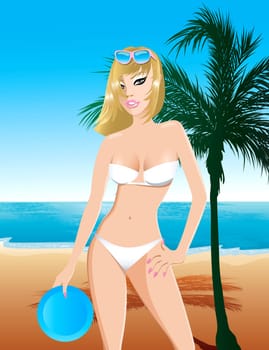 Vector Illustration of a white swimsuit girl on the beach with a frisbee and palm tree.