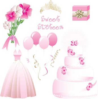 Vector Illustration of icons for a sweet sixteen birthday party. May also be used for Quinceanera, Wedding or Prom.